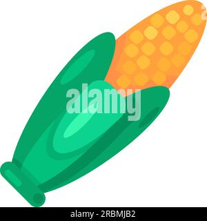 Ripe cob of young corn with green leaves. Plant food from vegans to vegetarians menu. Autumn harvest in agriculture. Simple colored flat vector symbol Stock Vector