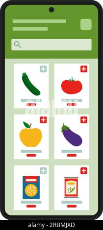Online grocery shopping app on smartphone: assorted items displayed and search bar Stock Vector