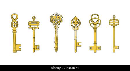 Old vintage key set, isolated, white background. Hand drawing doodle ...