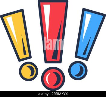 Multi colored exclamation marks, answer to question. Finding solution to business problem. Teamwork and task solving. Simple cartoon outline vector is Stock Vector