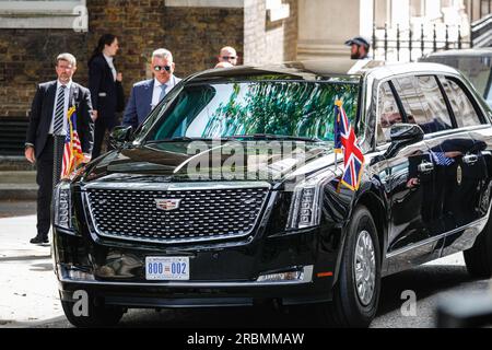 London, UK. 10th July, 2023. The Presidential motorcade arrives. Joe Biden (Joseph Robinette Biden Jr.), President of the United States of America, is welcomed to 10 Downing Street by Rishi Sunak, Prime Minister of the United Kingdom, both then reappear after short meetings and Mr. Biden exits Downing Street in the motorcade. Biden is visiting the UK to meet the PM, and later King Charles, before he travels on the the NATO summit in Lithuania. Credit: Imageplotter/Alamy Live News Stock Photo