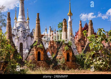 The Buddhist stupas and tombs of the Shwe Indein Pagoda in the In-Dein Pagoda Forest on Inle Lake, Myanmar, Asia Stock Photo
