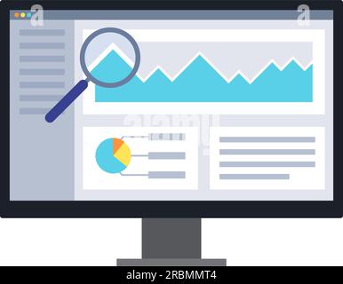 Finance and management software on computer screen with magnifier analyzing data Stock Vector