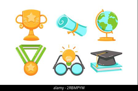 Academy Icon Set. Vector color icons. Contains a globe, trophy, graduation cap, certificate, light idea, glasses and meda Stock Vector