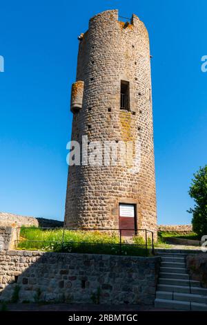 View of tower of  fortified  medieval village of Chambles located above Loire river. France. Stock Photo