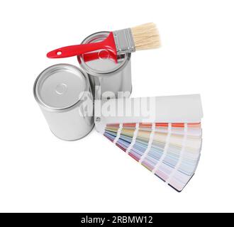 Cans of paints, brush and color palette on white background Stock Photo ...