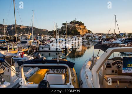 Denia, Costa Blanca, harbor with castle at blue hour, Spain Stock Photo