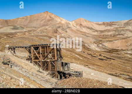 ruins of gold mine near Mosquito Pass in Rocky Mountains, Colorado - upper station of aerial tramway used to transport gold ore Stock Photo