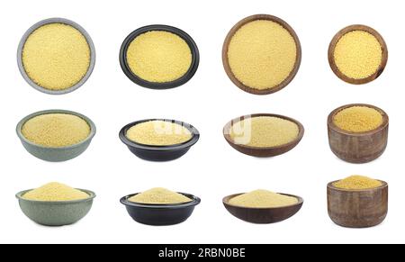 Collage with raw couscous in different bowls on white background, top and side views Stock Photo