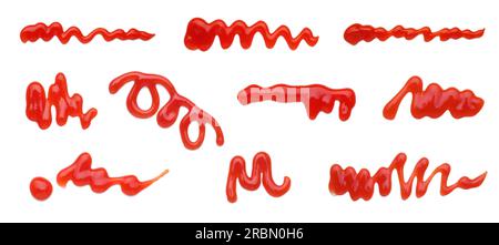 Set of different ketchup smears on white background, top view Stock Photo