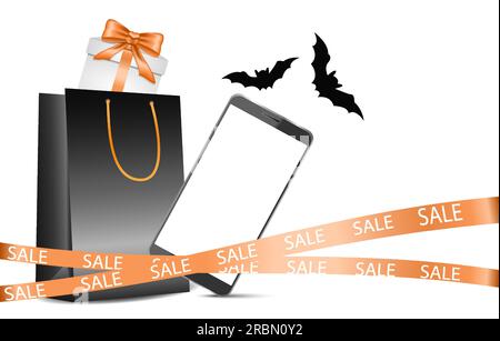 Gift black bag with gift box and bow. Mobile phone, smartphone with white screen, copy space, e-commerce, Halloween online sales, discounts. Banner Stock Vector