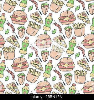 Street food hand drawn seamless pattern. Fast food background. Hamburger, pizza, french fries, soda. Doodle print for packaging, paper,cafe or product Stock Vector