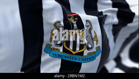 Newcastle, UK, July 2 2023: Fabric background with the Newcastle United flag waving. Illustrative editorial 3d illustration render. Close-up. Textured Stock Photo