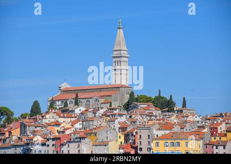 Rovinj old town skyline, with the Church of Saint Euphemia bell tower. Croatia Stock Photo