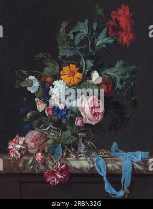 Flower Still Life with a Timepiece by Willem van Aelst Stock Photo