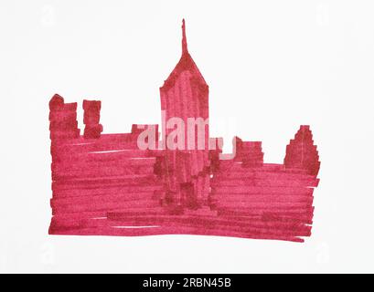training hand drawn sketch of skyscraper on white paper by wide red marker pen Stock Photo