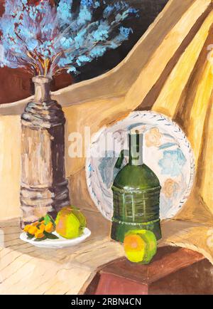 hand-painted still life with decorative bottles, flowers, apples on table painted on paper with tempera paints Stock Photo