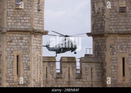 Windsor, UK. 10th July, 2023. US President Joe Biden arrives on Marine One, to meet Britain's King Charles III in the Quadrangle at Windsor Castle in Windsor on July 10, 2023. Biden is making a short visit to meet with Prime Minister Rishi Sunak and King Charles III for the first time since his May coronation, ahead of the 2023 NATO Summit in Vilnius, Lithuania. Photo by Sgt Donald C Todd/ British Ministry of Defence/UPI Credit: UPI/Alamy Live News Stock Photo