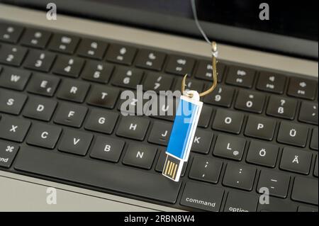 Visualisation of cybercrime, espionage and data loss through a USB-flashdrive on a fishhook with computer keyboard in background Stock Photo