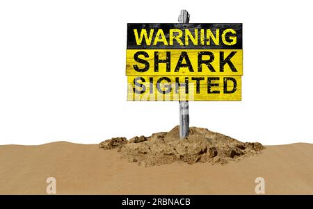 Shark sign on the beach warning of danger and beware of sharks signage for no swimming and surf or surfing risk isolated on a white background. Stock Photo