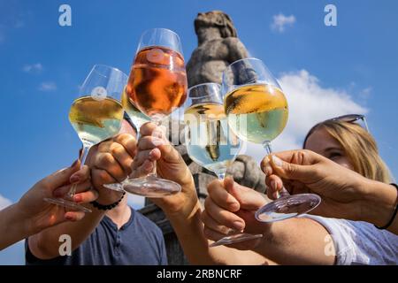 Close up of hands holding and clinking wine glasses during Stadtschoppen happy hour on the Old Main Bridge (Pippinsbrücke) over the Main River, Kitzin Stock Photo