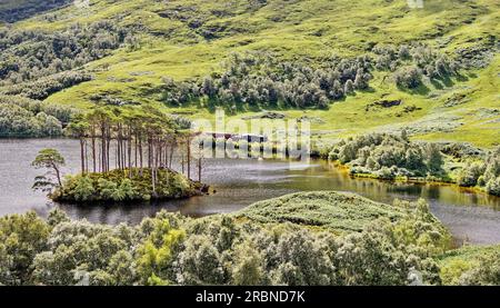 Jacobite Steam Train on the track alongside Loch Eilt and the island with Dumbledore's Grave Lochailort Scotland Stock Photo
