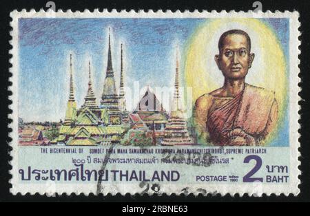 RUSSIA KALININGRAD, 31 MAY 2016: stamp printed by Thailand, shows supreme patriarch on the temple background, circa 1990 Stock Photo