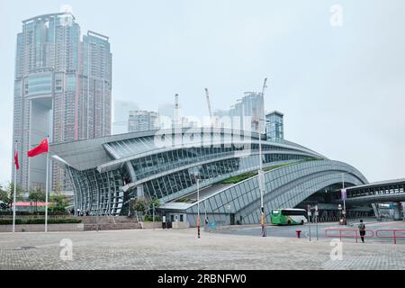 Hong Kong West Kowloon Station. It is the only station in the Hong Kong section and connects to the mainland China section through a dedicated tunnel Stock Photo