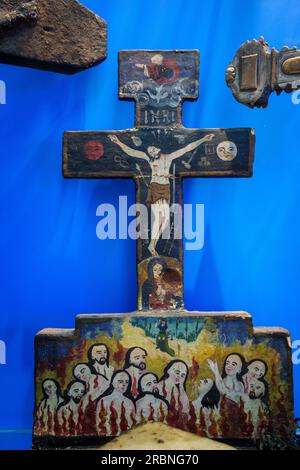 altar cross with purgatory, polychrome wood, XVII century, Peru, Sa Bassa Blanca Museum (msbb). Yannick Vu and Ben Jakober , Alcudia, Majorca, Spain. Stock Photo
