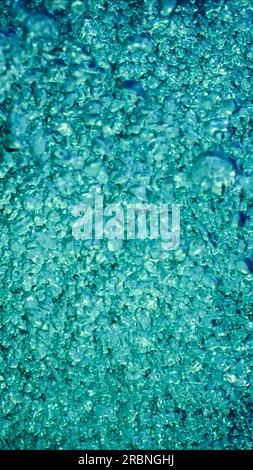 Close-up of air bubbles rise from depths of sea, top view. Motion of air bubbles rise up in blue water on bright sunny day in sunlight, Red sea, Egypt Stock Photo
