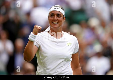 Ons Jabeur celebrates victory over Petra Kvitova on day eight of the ...