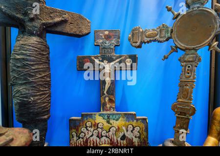 altar cross with purgatory, polychrome wood, XVII century, Peru, Sa Bassa Blanca Museum (msbb). Yannick Vu and Ben Jakober , Alcudia, Majorca, Spain. Stock Photo