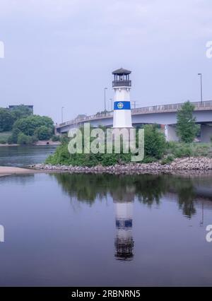Boom Island Park Lighthouse on the Mississippi River on a spring morning in downtown Minneapolis, Minnesota USA. Stock Photo