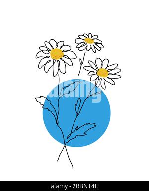 Daisies flowers vector illustration on black background.Ukrainian blue and yellow colors. One continuous line art drawing of dasies with Ukrainian Stock Vector