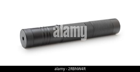 Black new powerful metal laser pointer isolated on white. Stock Photo