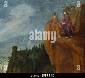 Panorama landscape with the temptation of Christ by Tobias Verhaecht Stock Photo