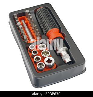 Toolbox with a screwdriver and bits to put on top Stock Photo