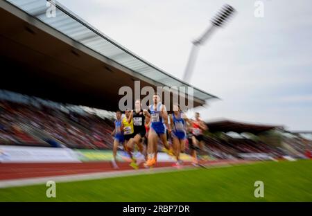 Kassel, Deutschland. 09th July, 2023. Feature, action, group, runners, dynamic, blurred, Auestadion, men's 1500m final, on 07/09/2023 German Athletics Championships 2023, from 07/08/2023 - 09.07.2023 in Kassel/ Germany. Credit: dpa/Alamy Live News Stock Photo