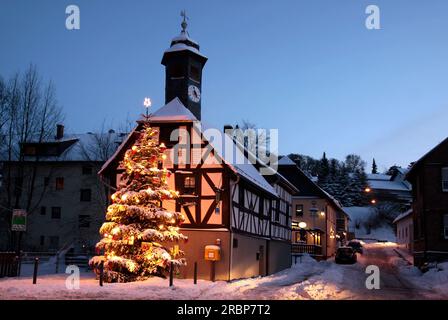 The old town hall of Engenhahn with Christmas tree, Niedernhausen, Hesse, Germany Stock Photo
