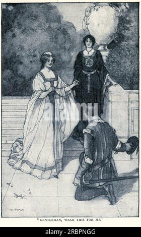 Illustration of a fashionably dressed lady asking a kneeling gentleman to wear a necklace for her as a sign of her favour Stock Photo