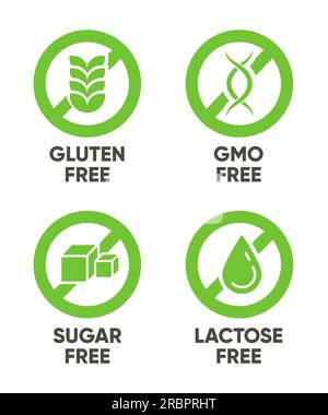 Gluten, GMO, Sugar, Lactose free signs Stock Vector