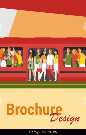 Crowd of happy people travelling by subway train Stock Vector