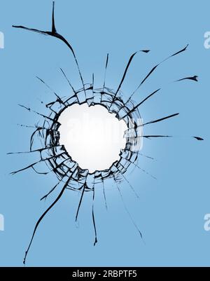 Broken glass with a hole on a blue background and with a light in the center. Texture of cracks on a broken window from explosions and gunshots Stock Photo