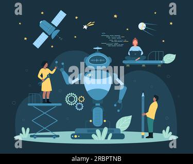 Cartoon tiny people building cyborg with electronic tools, software and AI assistance in factory, futuristic robotic evolution and tech innovation. Robot making technology set vector dark concept Stock Vector