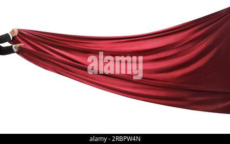Male hands holding a red curtain isolated on white background Stock Photo