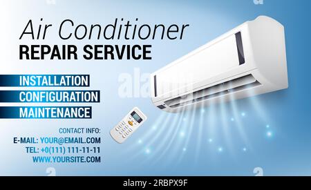 Air Conditioning Repair Flyer banner business card with Realistic detailed isometric 3d air conditioning blowing cold air in the room for home Stock Vector