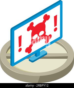 Hacked computer icon isometric vector. Skull bone and exclamation mark on screen. Hacking attack, internet threat Stock Vector