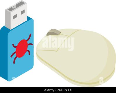 Infected usb icon isometric vector. Flash drive with virus and wireless mouse. Dangerous software, computer virus, cybercrime Stock Vector