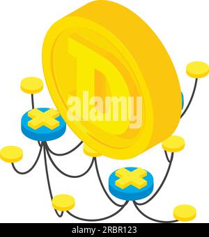 Decentralization icon isometric vector. Decentralized symbol and gold dogecoin. Digital money, cryptocurrency concept Stock Vector