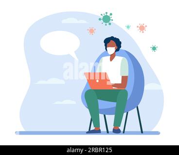 Man in mask using laptop for online chat with doctor Stock Vector